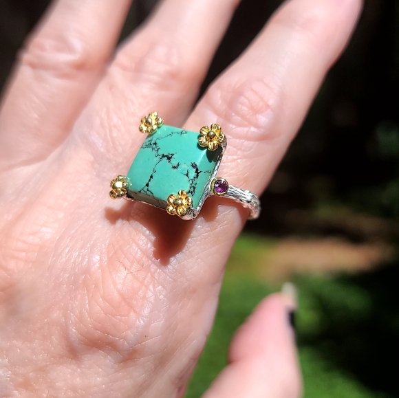 Turquoise & Amethyst sterling & gold daisy ring sz 8.5 - Picture 7 of 9